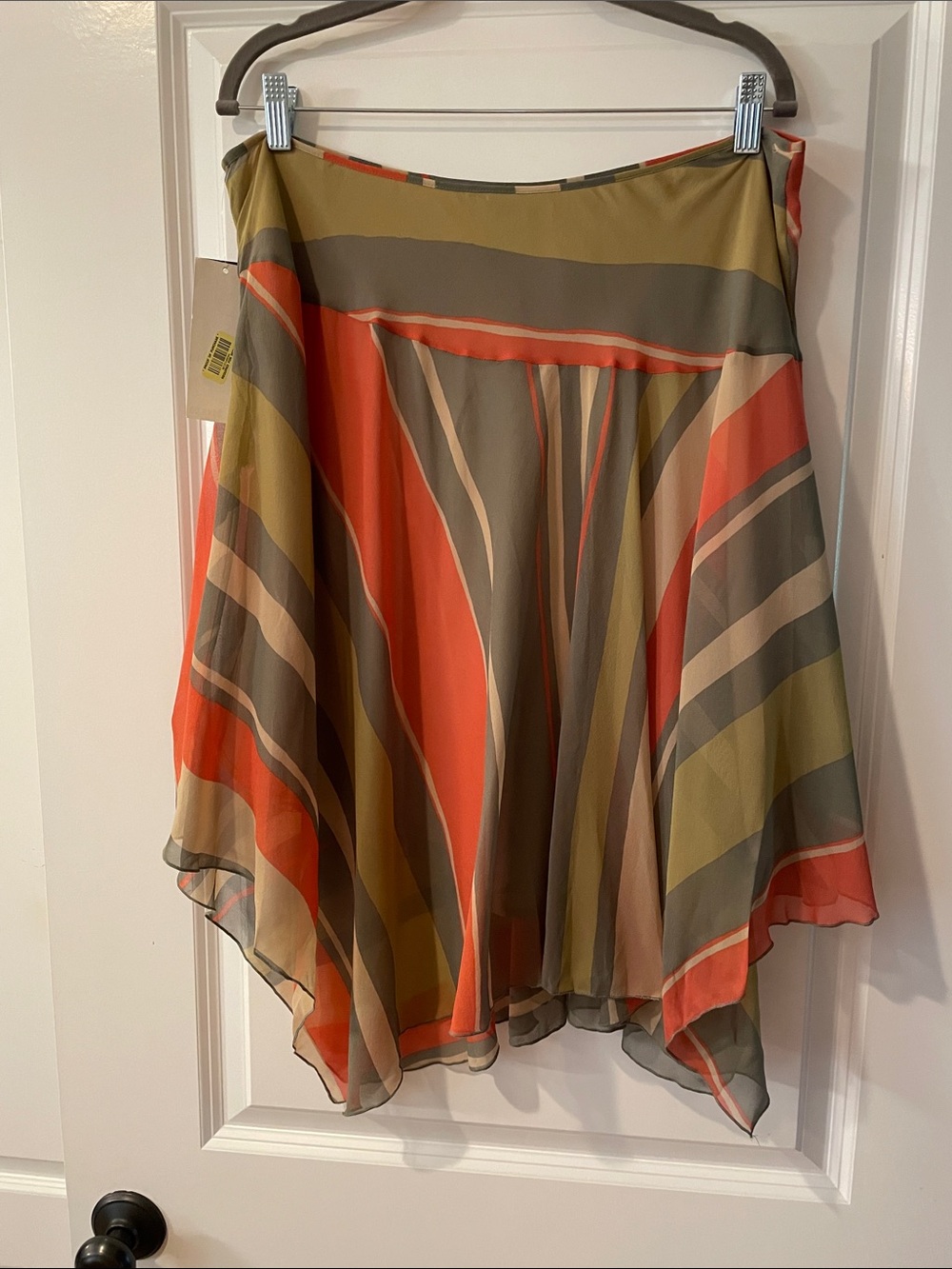 Kenneth Cole Reaction Olive, Coral & Taupe Asymmetrical Handkerchief Skirt